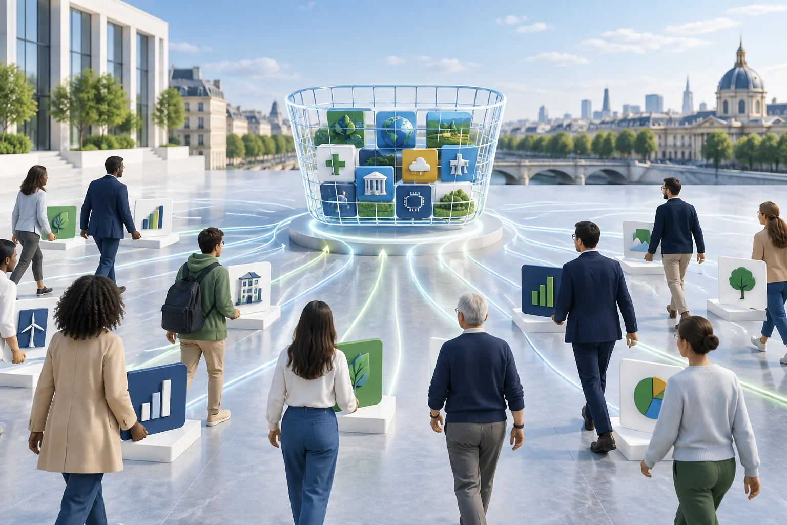 Investisseurs convergeant vers un panier indiciel diversifié représentant un ETF