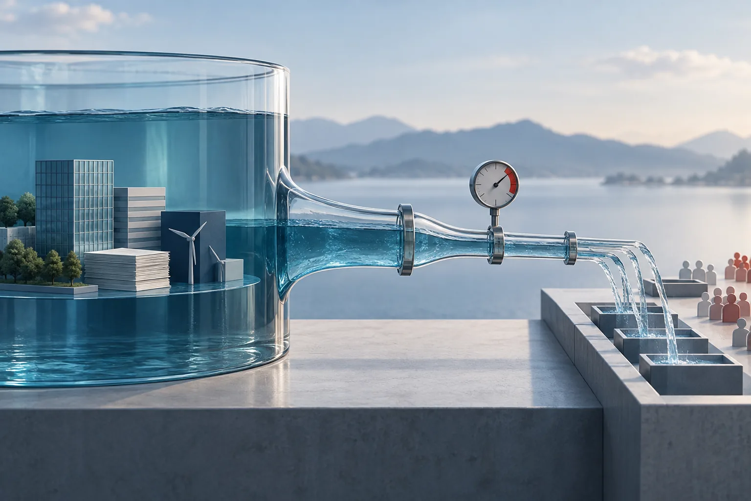 Réservoir d’actifs relié à des canaux de rachat illustrant le risque de liquidité d’un fonds ouvert